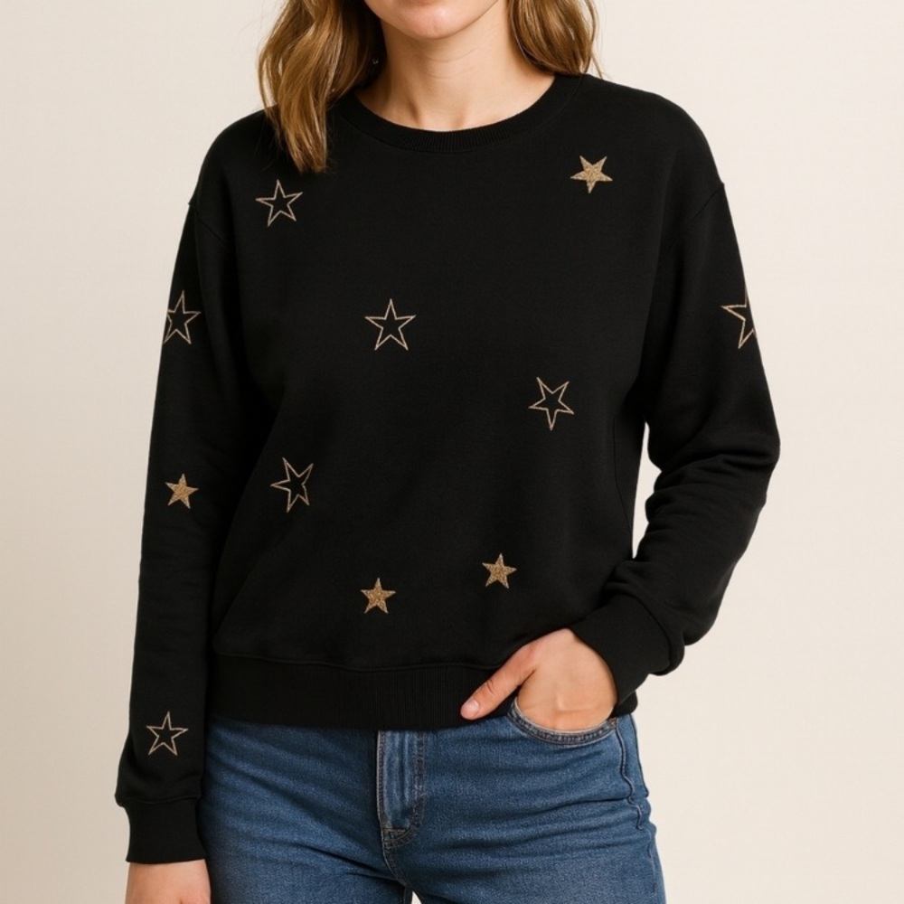 Elegant Black Gold Stars Embroidered Women’s Sweater Size Medium